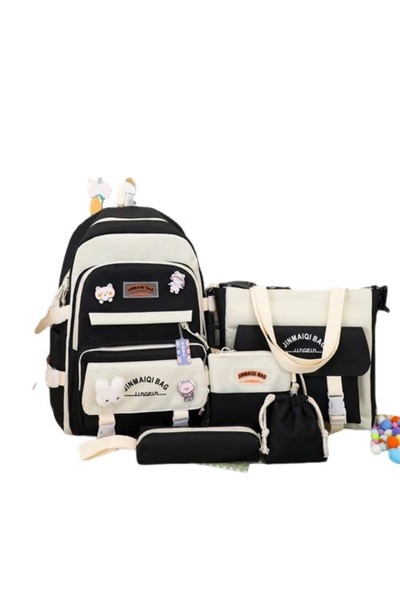 OEM Set de 5 ghiozdane școlare, pânză, 44x31x15cm, negru/crem