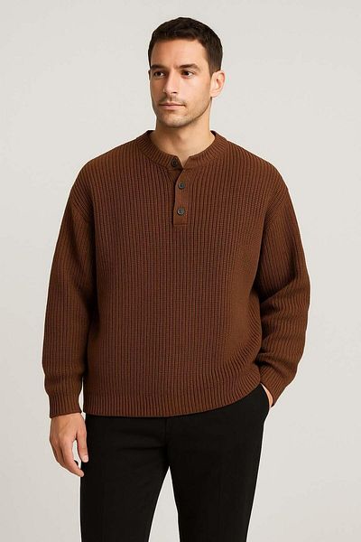 Valiberta Wes Thessaloniki Knitted 3 Button Half Placket Comfortable Fit Men's Knitwear Sweater - Brown