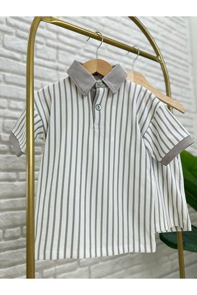 WİKİBOOM Striped Polo Collar Tee Shorts Summer Bottom Top 2-Piece Boy's Set