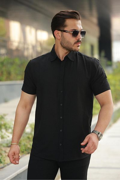 Miron Men's Black Linen Shirt with Back Pattern Detail - Short Sleeve - 2535