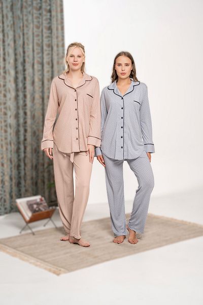 Pelin Women's Powder Patterned Front Buttoned Pajama Set with Pockets