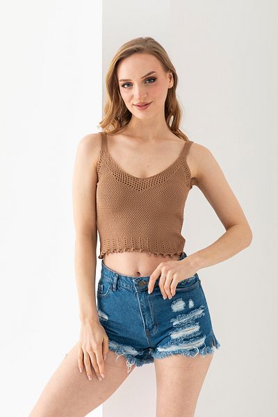 T Crazy T-Crazy Solid Color Stylish Crop with Strap, Breathable Woven Crop, Short Woven Blouse, Knitwear Crop Top
