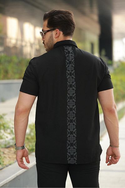 Miron Men's Black Linen Shirt with Back Pattern Detail - Short Sleeve - 2535