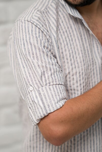 alenmeza Slimfit Fit Collar Buttoned Striped Summer Seersucker Fabric Men's Shirt