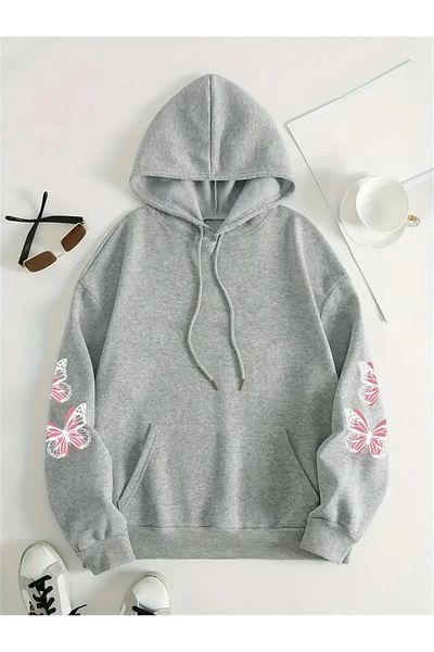 aynewmoda Butterfly Pattern Hooded Sweatshirt Long Sleeve Casual Women's Clothing