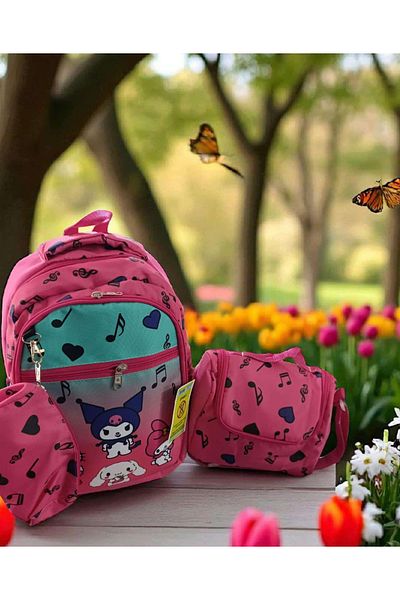ÇEÇEN HOME (Nutrition+Pencil Holder+Backpack) Kuromi Girls' Primary School Set, Kuromi Primary School Bag Set