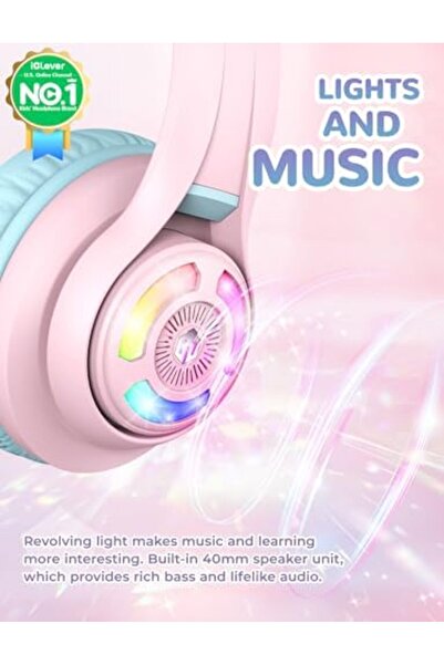 iClever Bluetooth Kids Headphones, BTH13 Cat Ear LED Light Up Kids Wireless Headphones, 50H Playtime