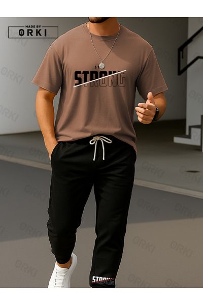 EFFRENATU Stay Strong Printed Oversize Light Brown T-Shirt & Black Pants Tracksuit Set