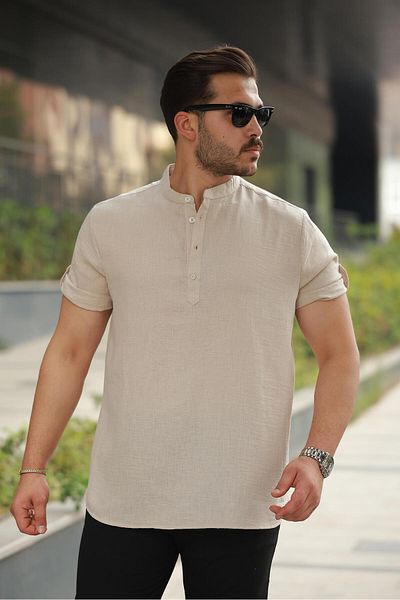 Miron Men's Beige Judge Collar Buttoned Linen Shirt - Short Sleeve - 2536