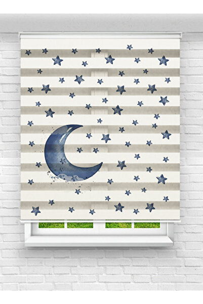 Mas Gece Temalı Ay ve Yıldız Desenli Zebra Stor Perde - Erkek Çocuk Odası İçin Perde