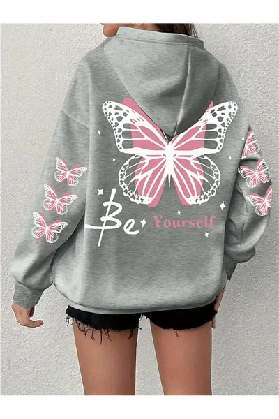 aynewmoda Butterfly Pattern Hooded Sweatshirt Long Sleeve Casual Women's Clothing