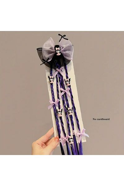 Efna Store Kuromi Anime Model Black Lilac Organized Bow Detailed Knitted Rubber Children's Hair Clip