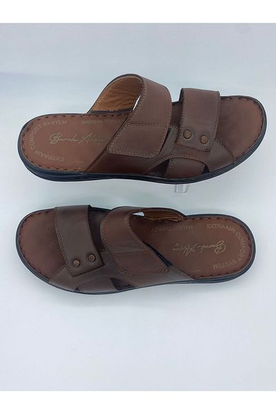 BURAK ALDAY SHOES Men's Genuine Leather Massage Sole Brown Slippers