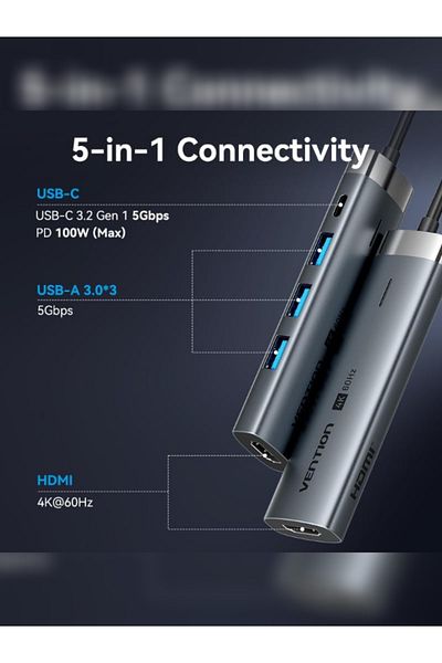 Vention 5-in-1 USB-C Docking Station 0.15M 4K@60Hz HDMI,5Gbps USB 3.0*3/USB C 3.2,for MacBook,iPhone