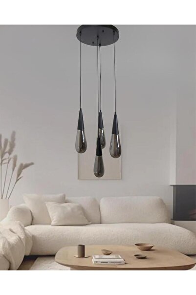 Fera Aydınlatma Damla Füme Cam 4Lü Yuvarlak Siyah Metal Gövde Her Alana Uygun Lüks Dekoratif Sarkıt Avize