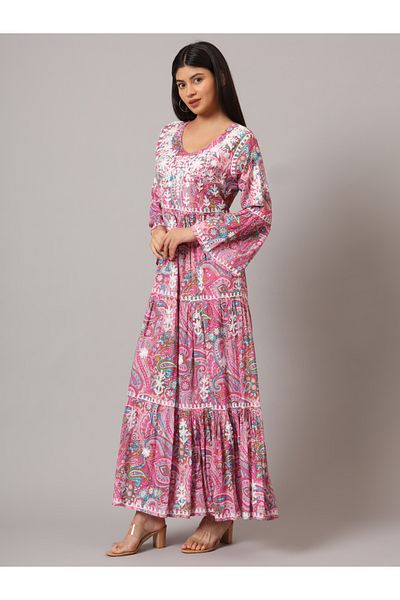 alaya Hand Embroidered Chikankari A-Line Gathering Pattern Mulmul Cotton Jalabiya-AL3673