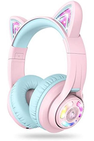 iClever Bluetooth Kids Headphones, BTH13 Cat Ear LED Light Up Kids Wireless Headphones, 50H Playtime