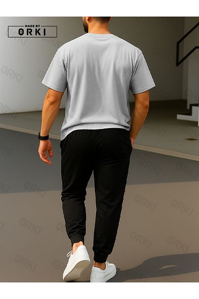 EFFRENATU Stay Strong Printed Oversize Gray T-Shirt & Black Pants Tracksuit Set
