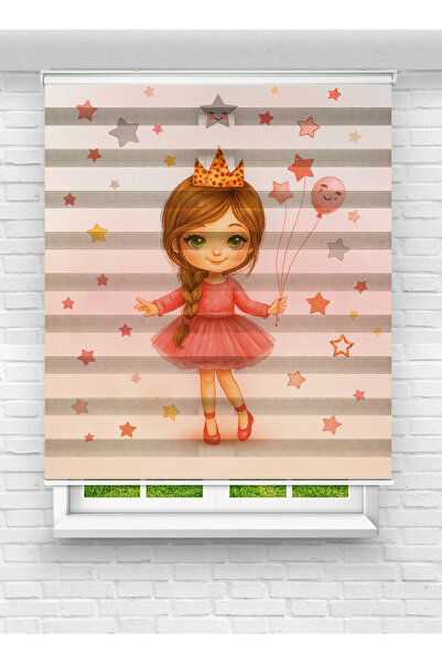 Mas Kız Çocuk Odası için Prenses Kız ve Yıldız Balon Temalı Zebra Perde