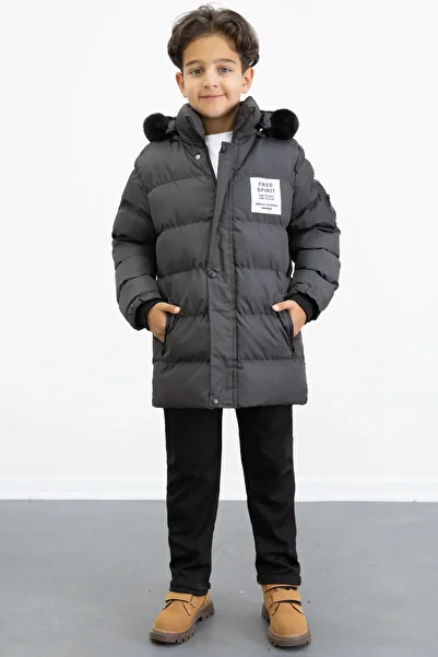 Cansın Mini Boy's Smoked Lettering Coat Detailed Fur Lined Hooded Inflatable Coat 21342