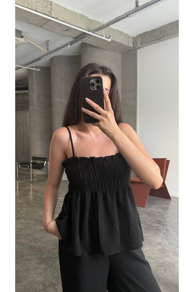 ModaLavida Lavida Kadın Keten Gipe Detay Bluz Şort Astarlı Pantolon Takım