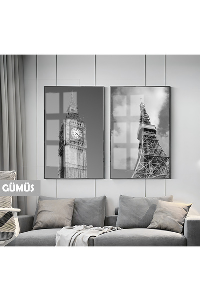 Harikabirev HARİKABİREV | NEGRU & ALB BIGBEN-TOKYO TOWER COMBINAT | TABLO DE STICLĂ CU CADRU 2 LI vertical