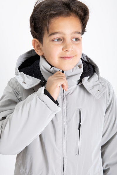 Cansın Mini Gri Fermuarlı Göğüs Cepli İçi Kürklü Erkek Çocuk Kapüşonlu Mont 21355