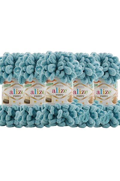 Alize Puffy 5 Pack Hand Knitting Yarn - No Needles - 100g X 5 Pieces - Color No: 414 - Azur