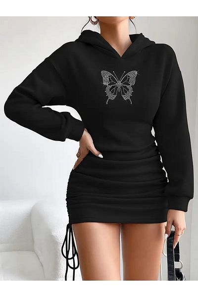 Bozz&Bozz Collection Women's Black Crystal Stone Printed Hooded Basic Trend Sweatshirt Dress with Gathered Sides