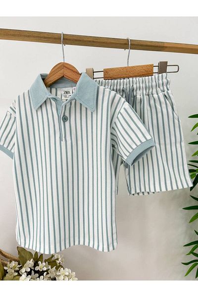 WİKİBOOM Striped Polo Collar Tee Shorts Summer Bottom Top 2-Piece Boy's Set