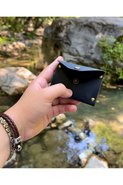 Takı Zanaatkarı حامل بطاقات من الجلد الأسود - محفظة بتصميم بسيط وأنيق