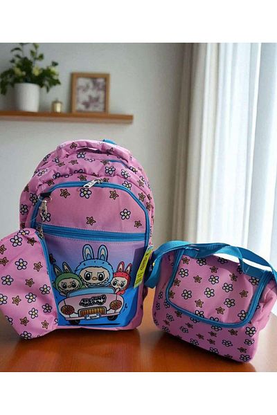 ÇEÇEN HOME (Nutrition+Pencil+Backpack) Labubu Girl's Primary School Backpack, Labubu Primary School Bag Set