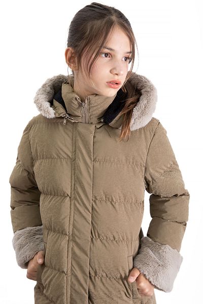 Cansın Mini Brown Sleeve Fur Detailed Wool Inside Girl's Hooded down Coat 21330