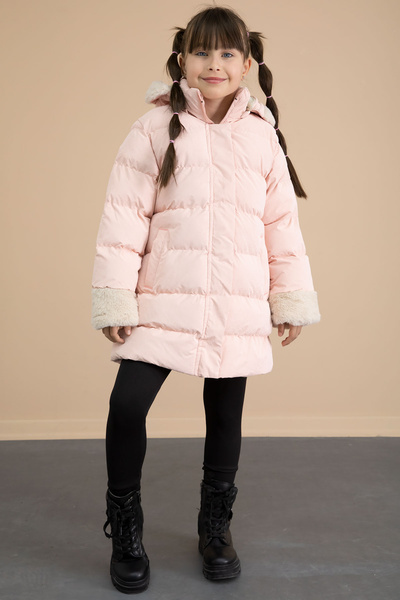 Cansın Mini Salmon Sleeve Fur Detailed Wool Inside Girl's Hooded down Coat 21334