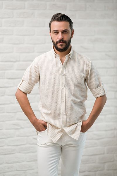 alenmeza Slimfit Fit Collar Buttoned Striped Summer Seersucker Fabric Men's Shirt
