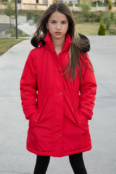 Cansın Mini Red Snap Pocket Flexible Waist Fur Inside Girl's Hooded Coat 21305