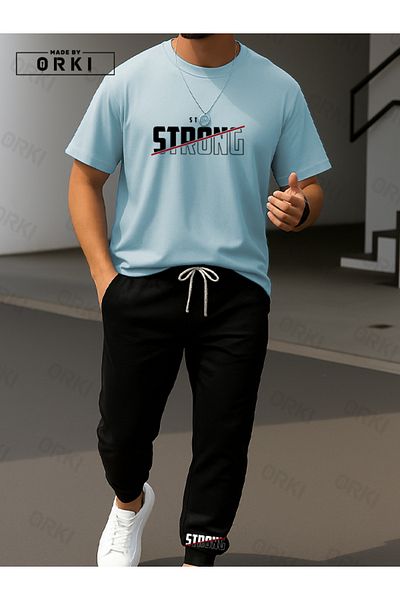 EFFRENATU Stay Strong Printed Oversize Light Blue T-Shirt & Black Pants Tracksuit Set