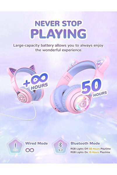 iClever BTH13 Bluetooth Kids Headphones Cat Ear LED, Volume Limited, 50H Playtime