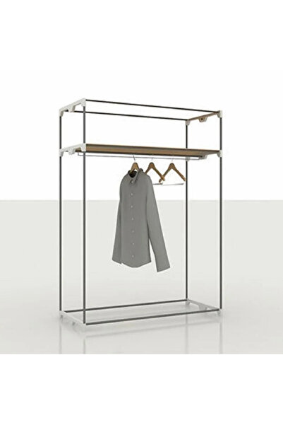 KUMSSHOP Çelik Borulu Plastik Raflı Askılı Çok Amaçlı Portatif Bez Gardırop - Gri