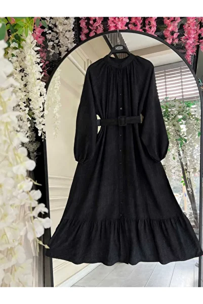 QUAWEAR Crew Neck Belted Full Length Mango Fabric Summer Dress with Buttons