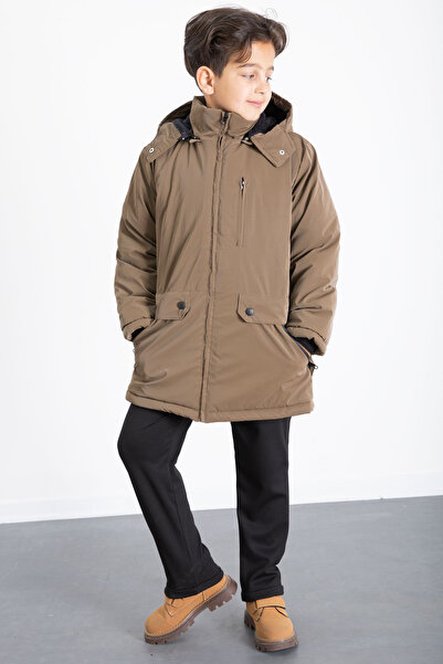 Cansın Mini Brown Zippered Chest Pocketed Boys' Hooded Coat with Fur Inside 21354