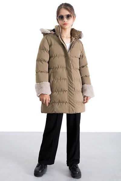 Cansın Mini Brown Sleeve Fur Detailed Wool Inside Girl's Hooded down Coat 21330
