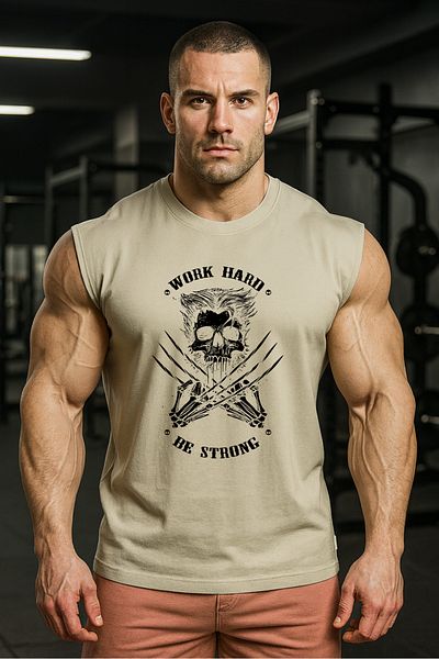BESSA Beige Printed Sports Tank Top Crew Neck Cotton Sleeveless Tank Top Work Hard Men