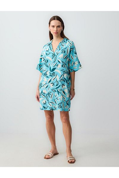 Jimmy Key Blue V-Neck Linen Blend Patterned Mini Dress
