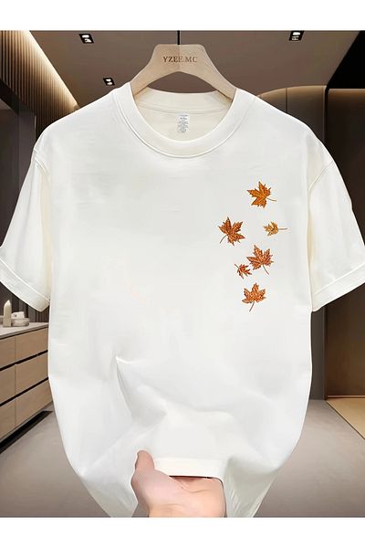 Pink Sky Unisex Cotton White Oversize "Autumn Leaves" Printed Crew Neck Casual T-Shirt