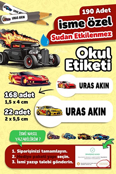 MSticker Okul Etiketi Kalem Defter isimli Etiket Isim Yazılabilen Arabalar2 -...