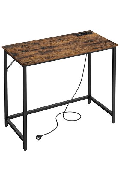 VASAGLE Desk with LED lighting, built-in socket, 2 USB, 50x100x76 cm, rustic brown