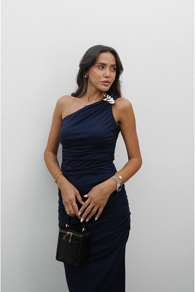 Havoş Navy Blue One Shoulder Metal Detailed Dress