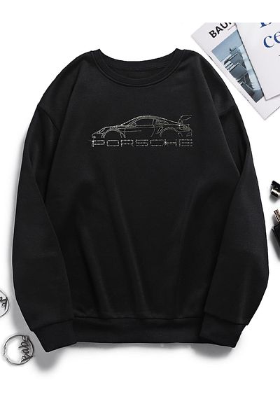 Bozz&Bozz Collection Unisex Oversize Crew Neck Crystal Stone Printed Basic Hoodie Sweatshirt