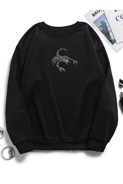 Bozz&Bozz Collection Unisex Oversize Crew Neck Crystal Stone Printed Basic Hoodie Sweatshirt